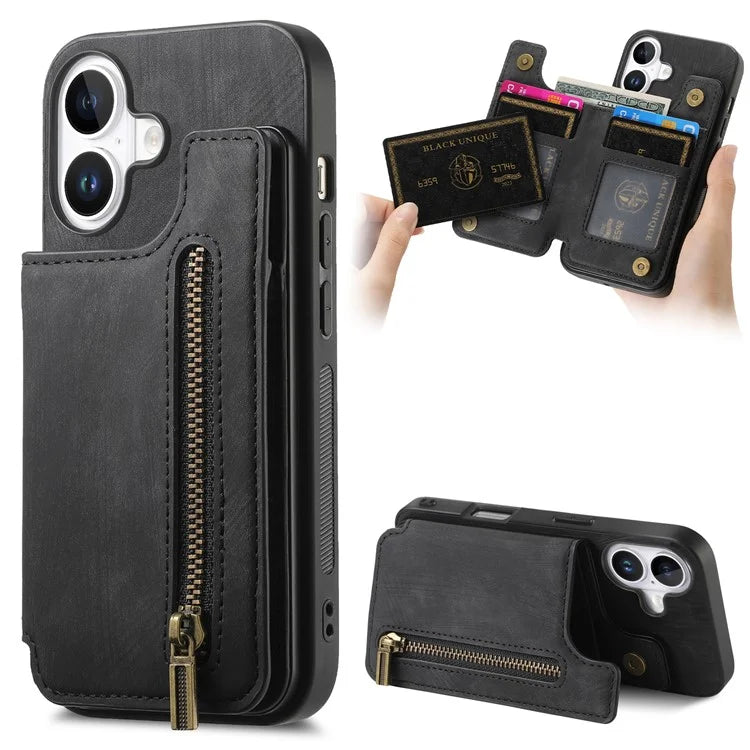 For iPhone 16 Case with Zipper Card Holder Leather+TPU Phone Cover