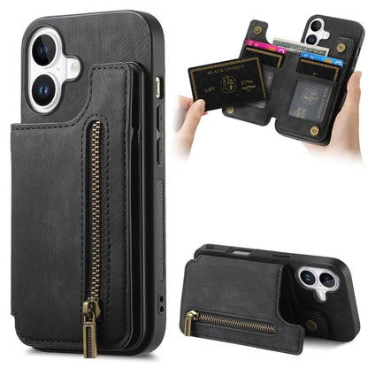For iPhone 16 Case with Zipper Card Holder Leather+TPU Phone Cover