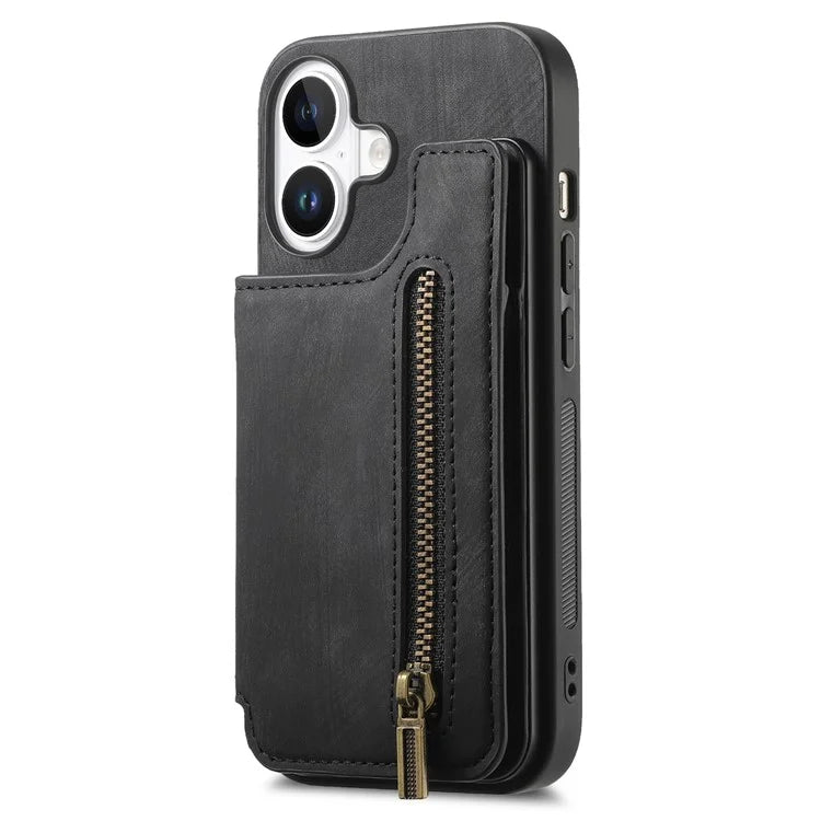 For iPhone 16 Case with Zipper Card Holder Leather+TPU Phone Cover
