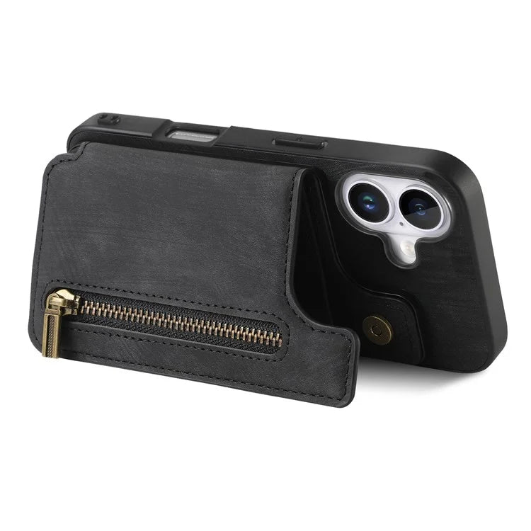 For iPhone 16 Case with Zipper Card Holder Leather+TPU Phone Cover