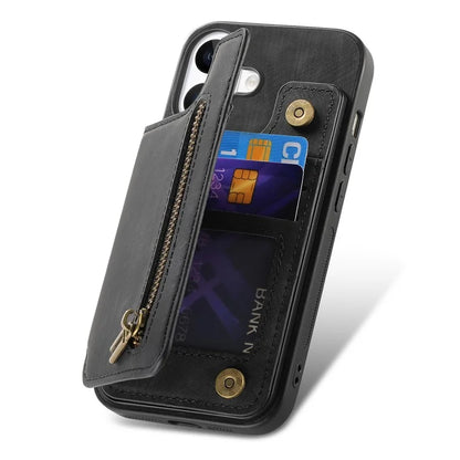For iPhone 16 Case with Zipper Card Holder Leather+TPU Phone Cover