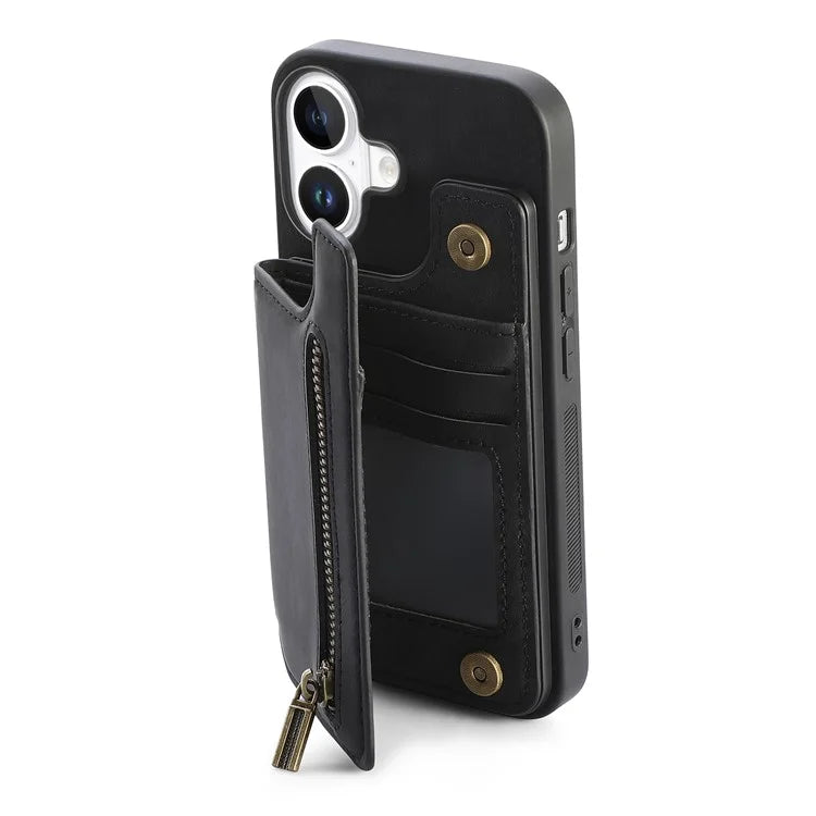For iPhone 16 Case with Zipper Card Holder Leather+TPU Phone Cover