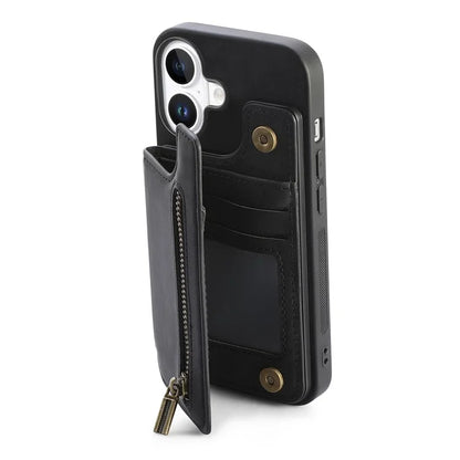 For iPhone 16 Case with Zipper Card Holder Leather+TPU Phone Cover