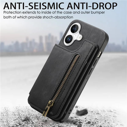 For iPhone 16 Case with Zipper Card Holder Leather+TPU Phone Cover