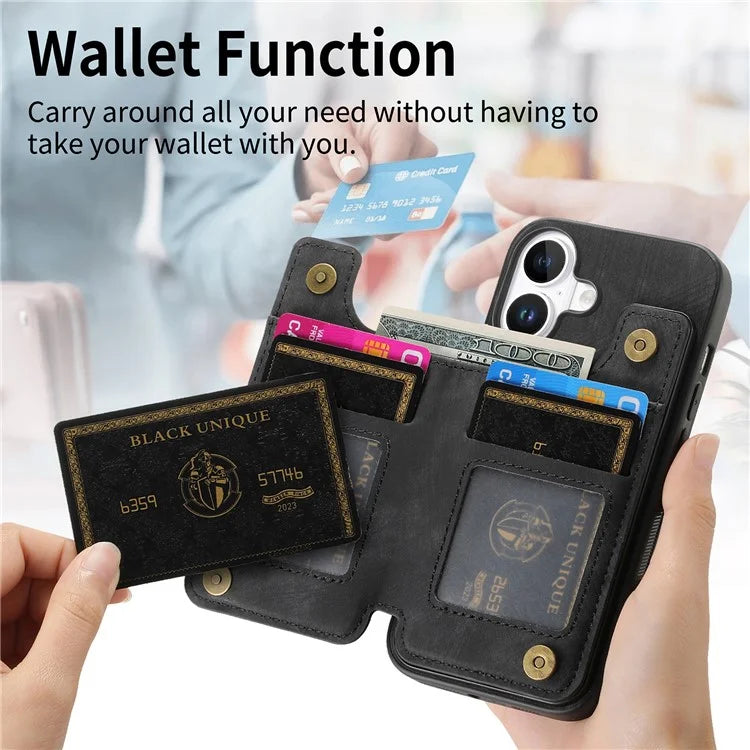 For iPhone 16 Case with Zipper Card Holder Leather+TPU Phone Cover