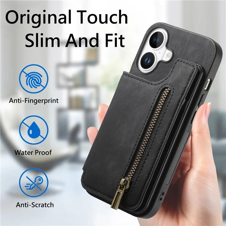 For iPhone 16 Case with Zipper Card Holder Leather+TPU Phone Cover