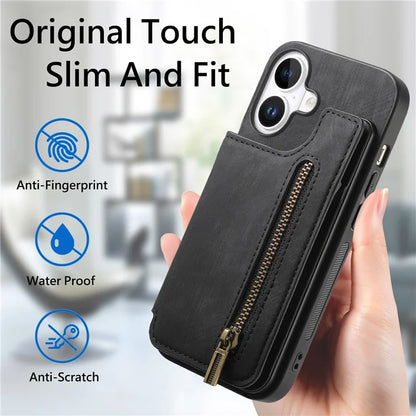 For iPhone 16 Case with Zipper Card Holder Leather+TPU Phone Cover