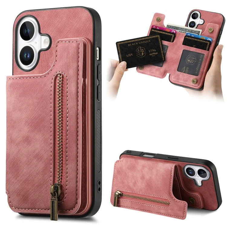 For iPhone 16 Case with Zipper Card Holder Leather+TPU Phone Cover
