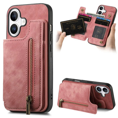 For iPhone 16 Case with Zipper Card Holder Leather+TPU Phone Cover