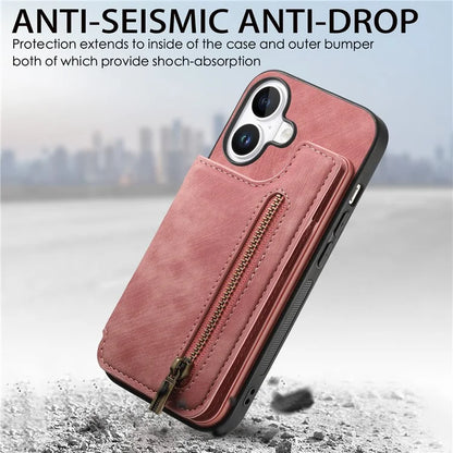 For iPhone 16 Case with Zipper Card Holder Leather+TPU Phone Cover
