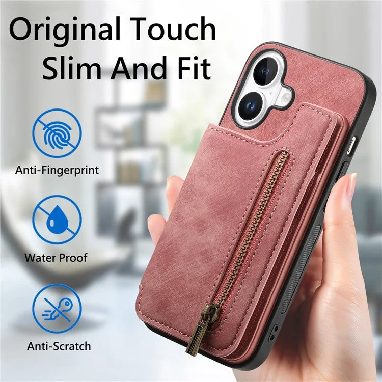 For iPhone 16 Case with Zipper Card Holder Leather+TPU Phone Cover