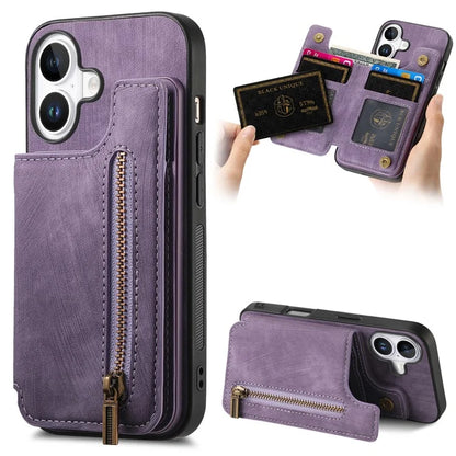 For iPhone 16 Case with Zipper Card Holder Leather+TPU Phone Cover