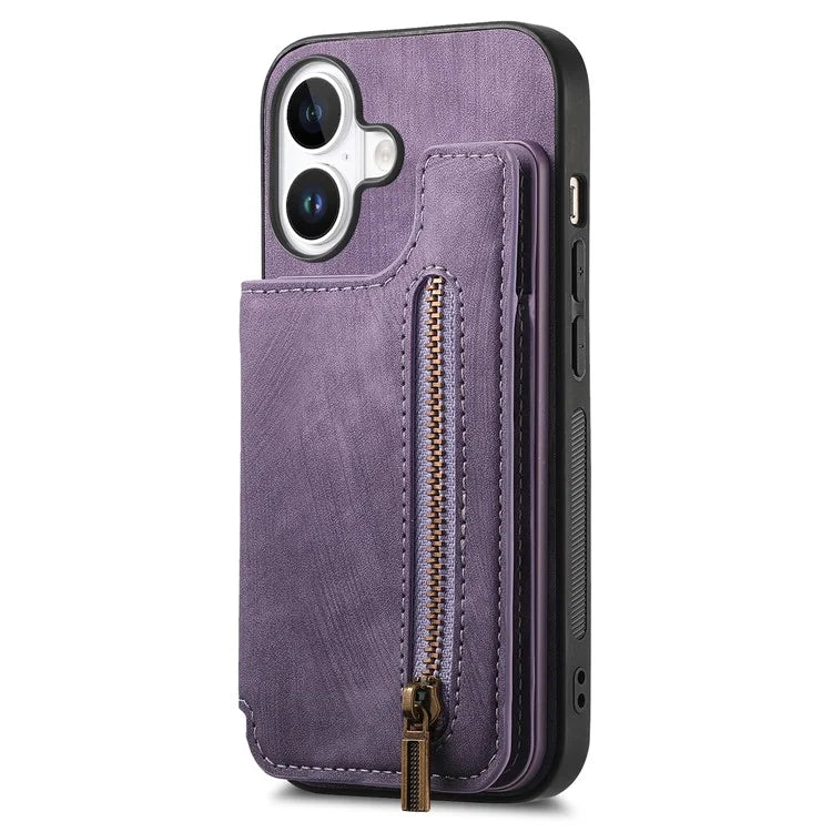 For iPhone 16 Case with Zipper Card Holder Leather+TPU Phone Cover