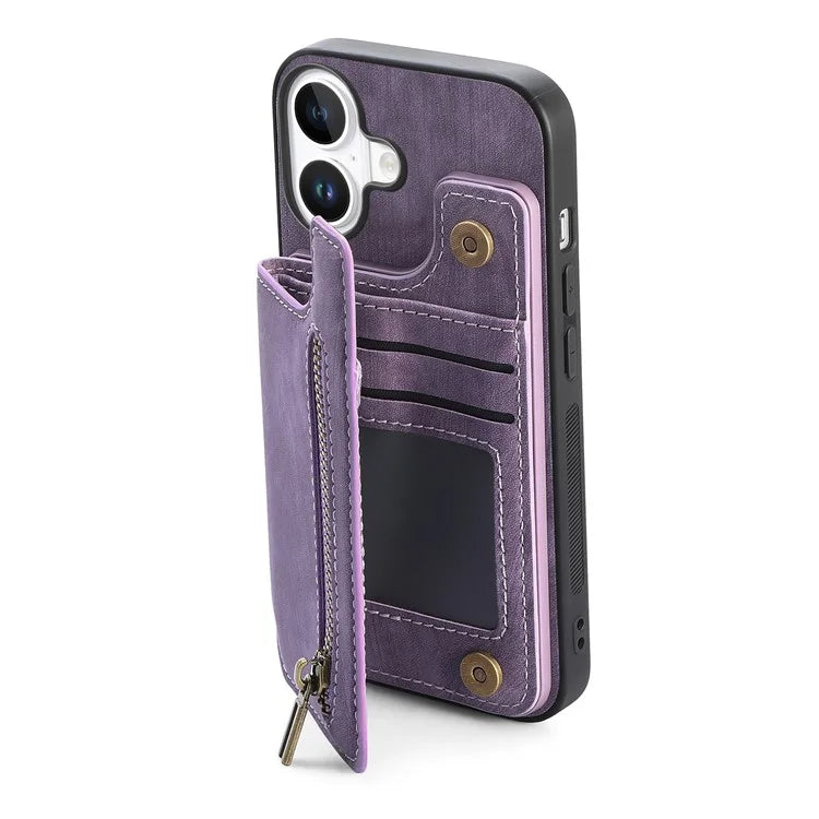For iPhone 16 Case with Zipper Card Holder Leather+TPU Phone Cover