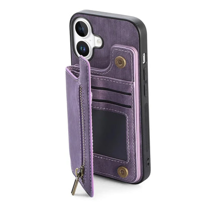 For iPhone 16 Case with Zipper Card Holder Leather+TPU Phone Cover
