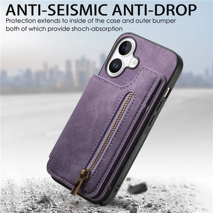 For iPhone 16 Case with Zipper Card Holder Leather+TPU Phone Cover