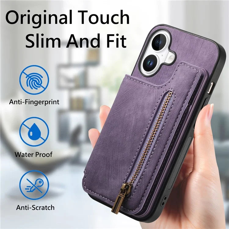 For iPhone 16 Case with Zipper Card Holder Leather+TPU Phone Cover
