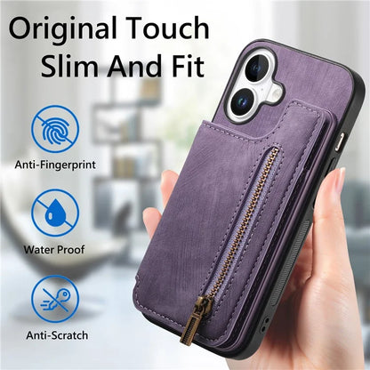 For iPhone 16 Case with Zipper Card Holder Leather+TPU Phone Cover