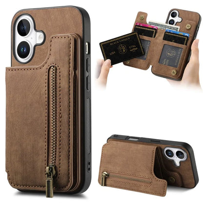 For iPhone 16 Case with Zipper Card Holder Leather+TPU Phone Cover