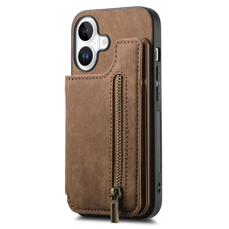 For iPhone 16 Case with Zipper Card Holder Leather+TPU Phone Cover