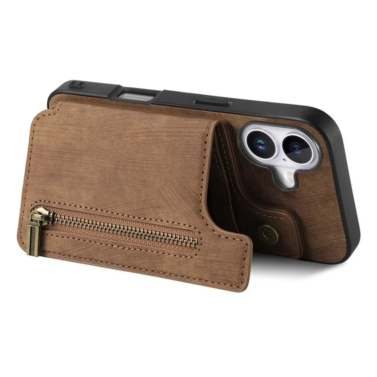For iPhone 16 Case with Zipper Card Holder Leather+TPU Phone Cover