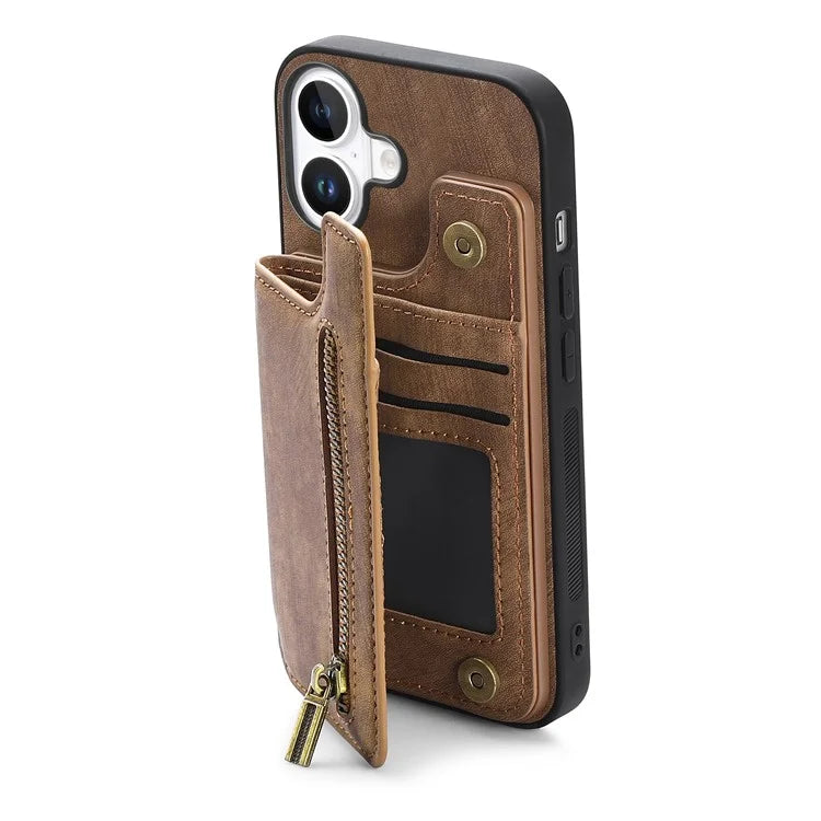 For iPhone 16 Case with Zipper Card Holder Leather+TPU Phone Cover