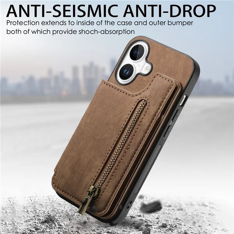 For iPhone 16 Case with Zipper Card Holder Leather+TPU Phone Cover