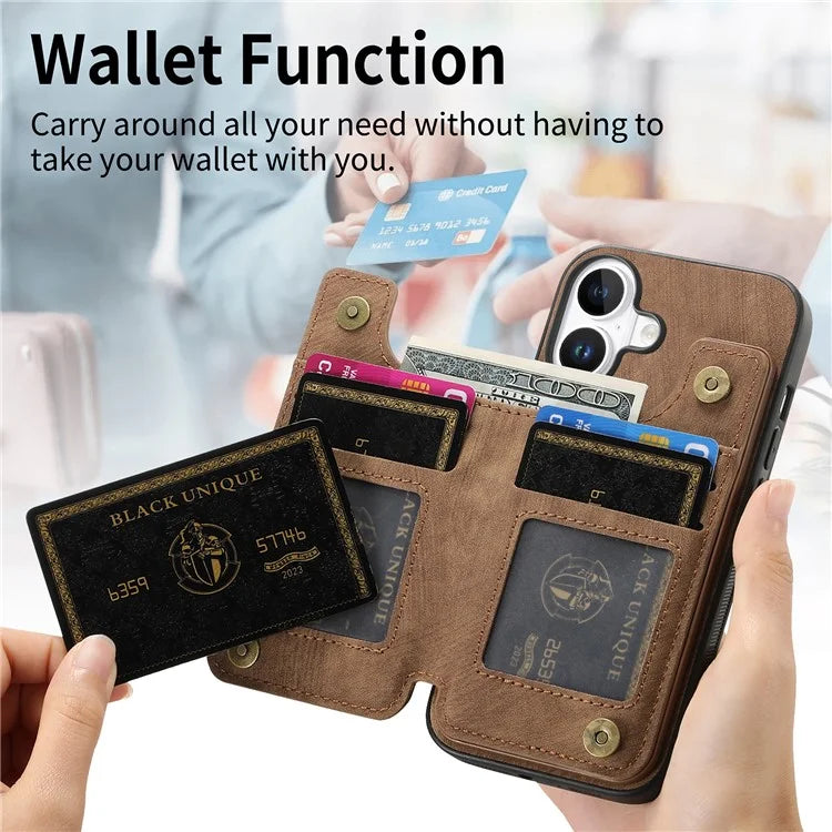 For iPhone 16 Case with Zipper Card Holder Leather+TPU Phone Cover