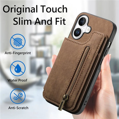 For iPhone 16 Case with Zipper Card Holder Leather+TPU Phone Cover