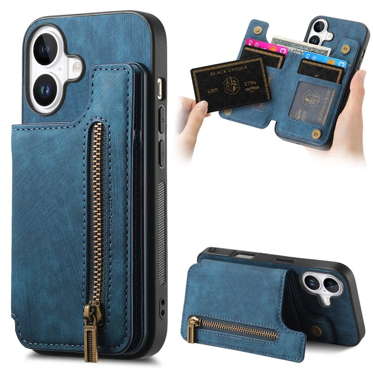 For iPhone 16 Case with Zipper Card Holder Leather+TPU Phone Cover