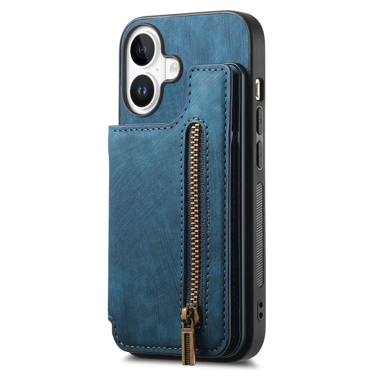 For iPhone 16 Case with Zipper Card Holder Leather+TPU Phone Cover