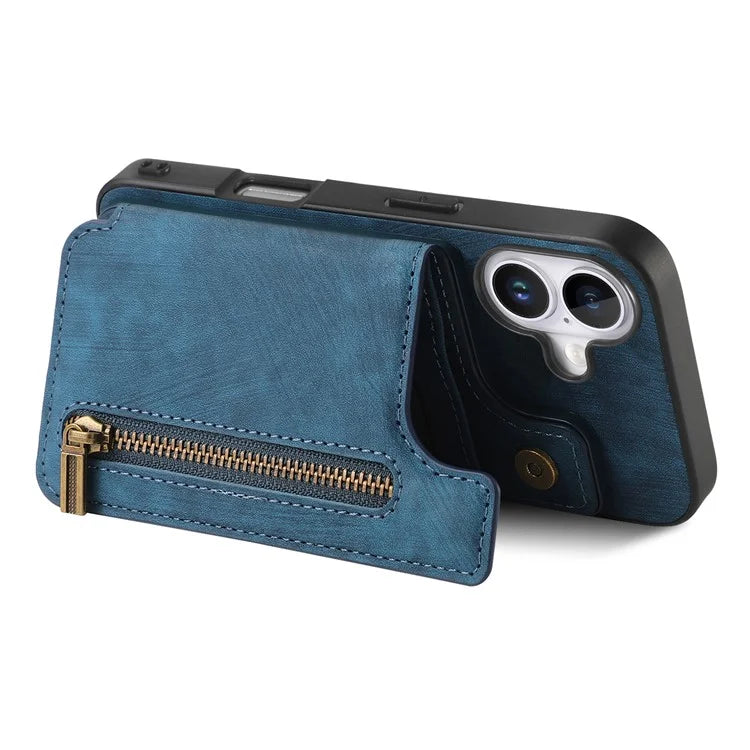 For iPhone 16 Case with Zipper Card Holder Leather+TPU Phone Cover
