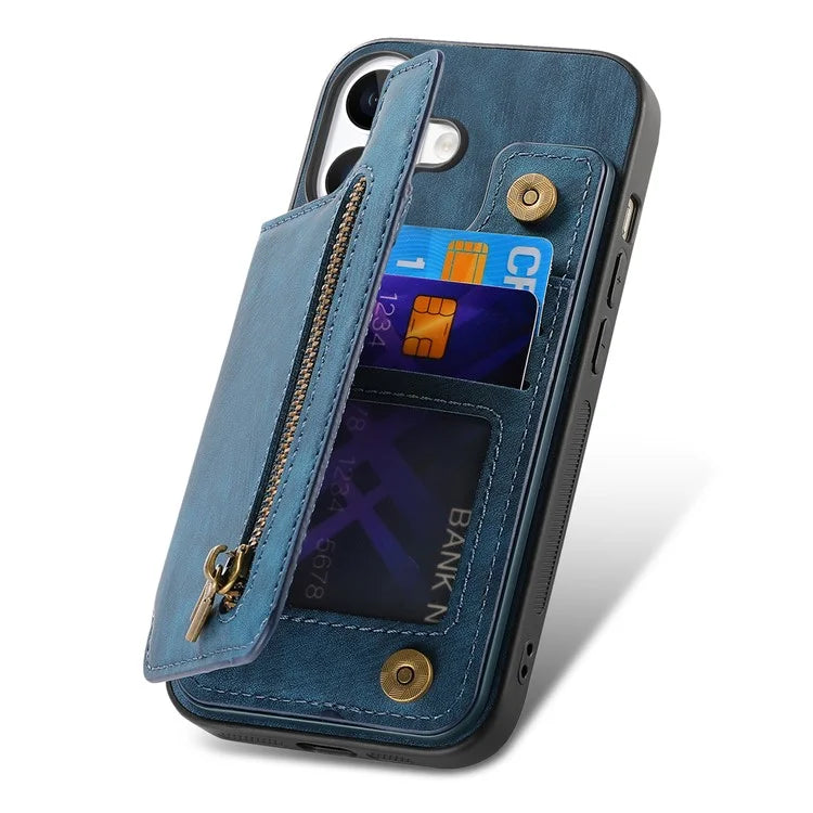 For iPhone 16 Case with Zipper Card Holder Leather+TPU Phone Cover