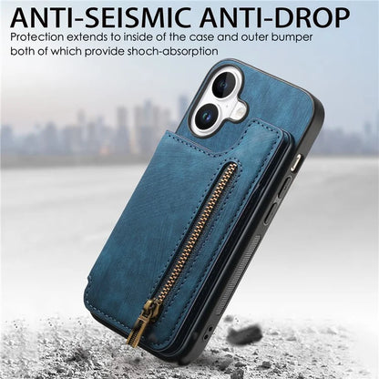 For iPhone 16 Case with Zipper Card Holder Leather+TPU Phone Cover