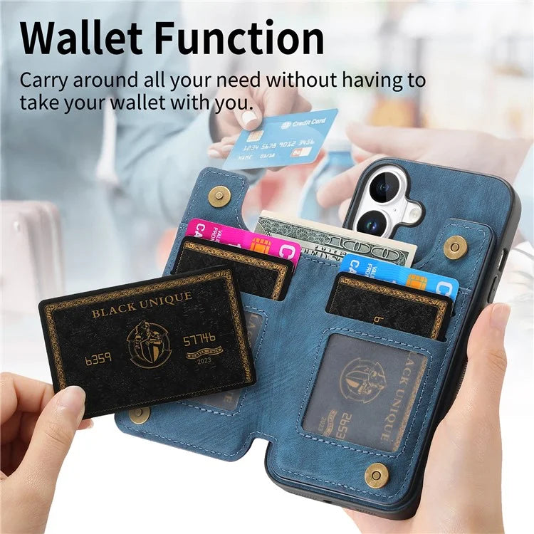 For iPhone 16 Case with Zipper Card Holder Leather+TPU Phone Cover