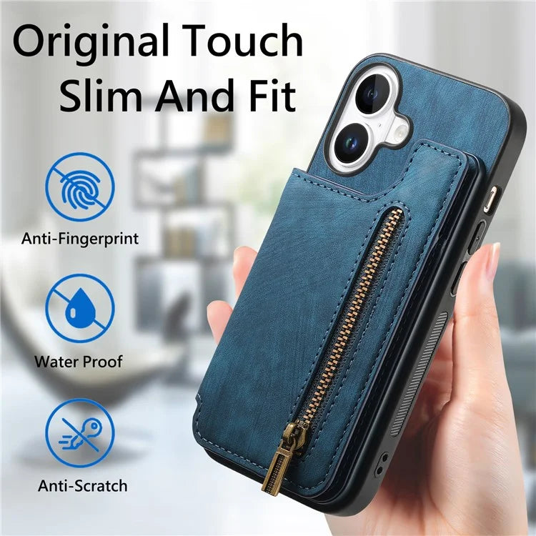 For iPhone 16 Case with Zipper Card Holder Leather+TPU Phone Cover