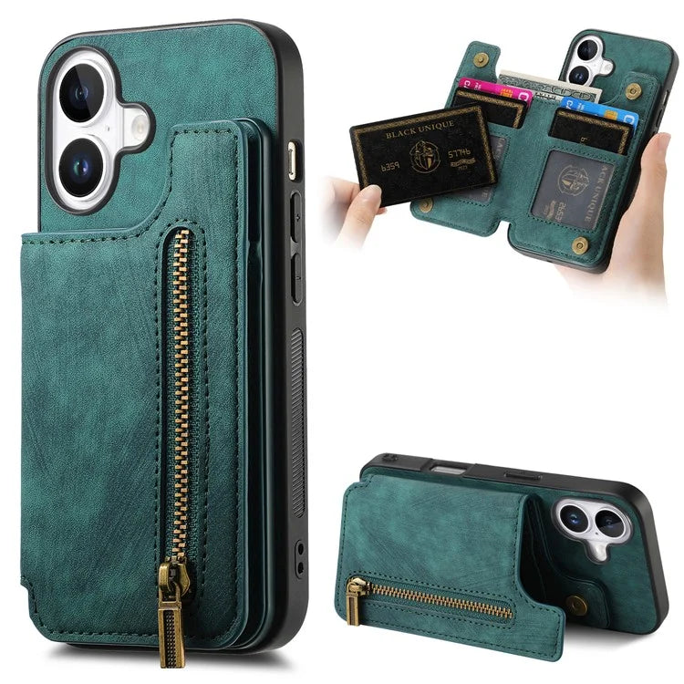 For iPhone 16 Case with Zipper Card Holder Leather+TPU Phone Cover