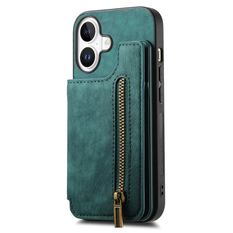 For iPhone 16 Case with Zipper Card Holder Leather+TPU Phone Cover