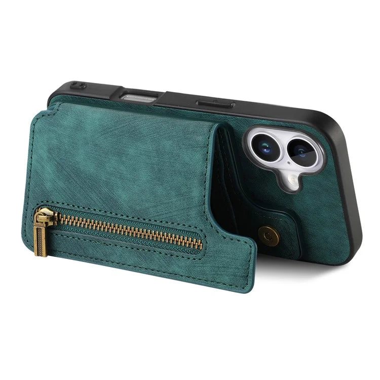 For iPhone 16 Case with Zipper Card Holder Leather+TPU Phone Cover