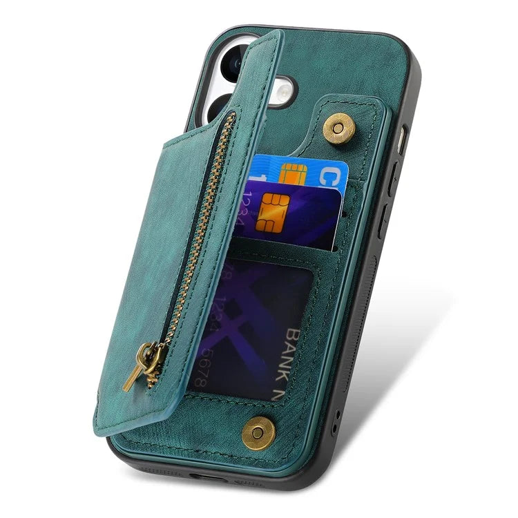 For iPhone 16 Case with Zipper Card Holder Leather+TPU Phone Cover