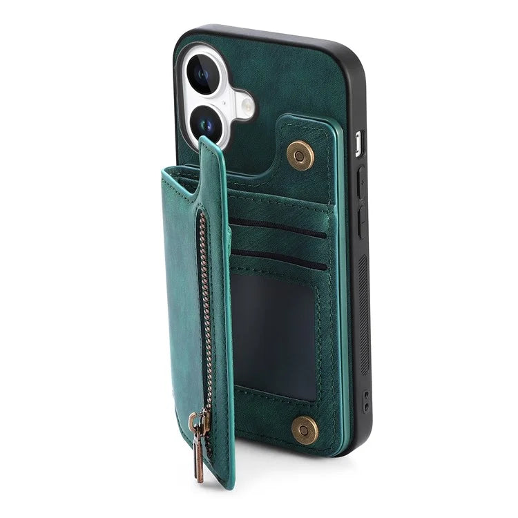 For iPhone 16 Case with Zipper Card Holder Leather+TPU Phone Cover