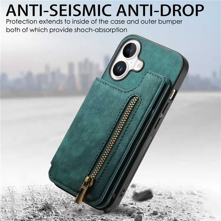 For iPhone 16 Case with Zipper Card Holder Leather+TPU Phone Cover