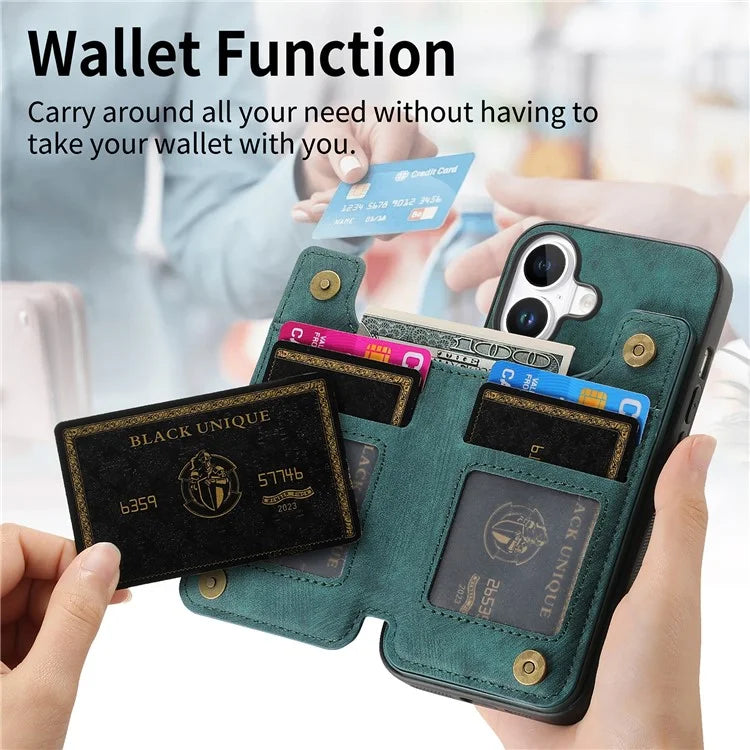 For iPhone 16 Case with Zipper Card Holder Leather+TPU Phone Cover
