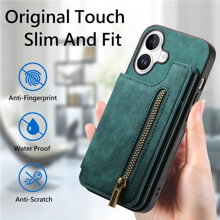 For iPhone 16 Case with Zipper Card Holder Leather+TPU Phone Cover
