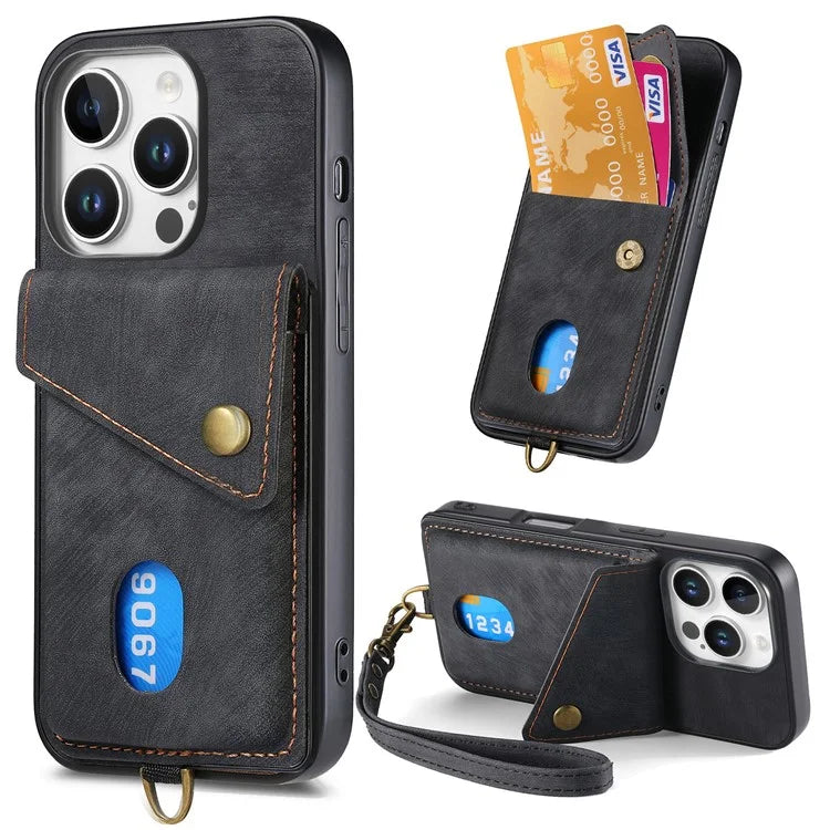 For iPhone 16 Pro Max Case with Card Slot Kickstand Leather TPU Phone Cover