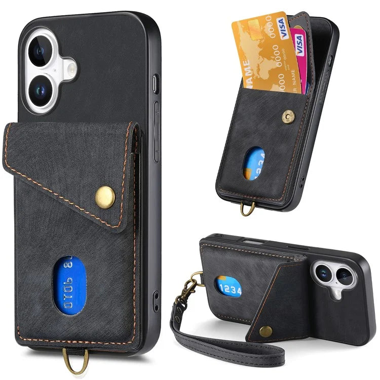 For iPhone 16 Case with Card Slot Kickstand Leather TPU Phone Cover