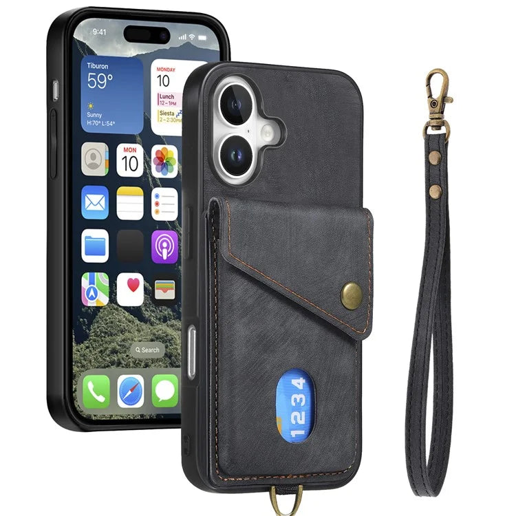 For iPhone 16 Case with Card Slot Kickstand Leather TPU Phone Cover