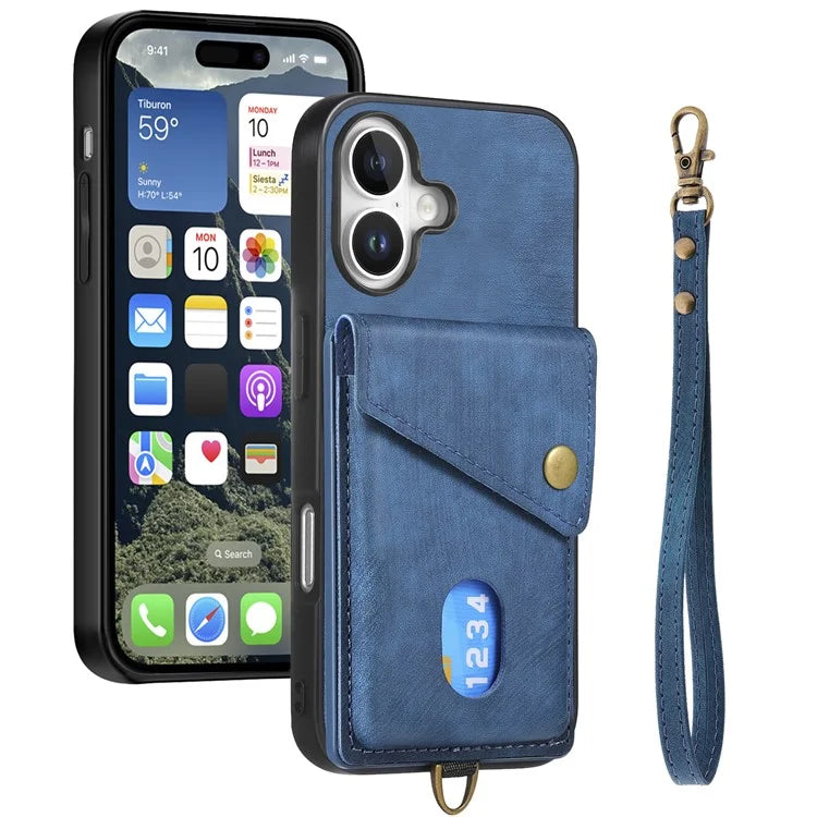 For iPhone 16 Case with Card Slot Kickstand Leather TPU Phone Cover