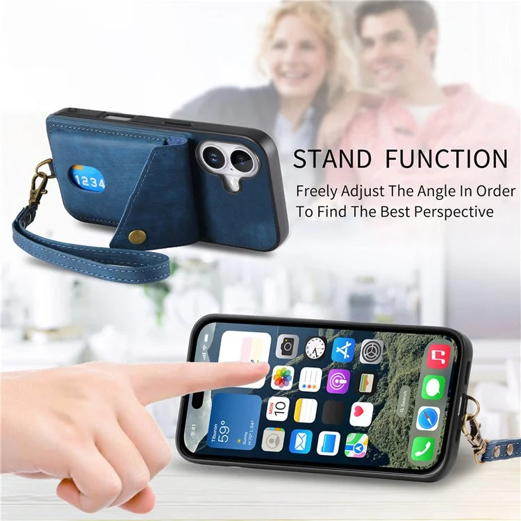 For iPhone 16 Case with Card Slot Kickstand Leather TPU Phone Cover