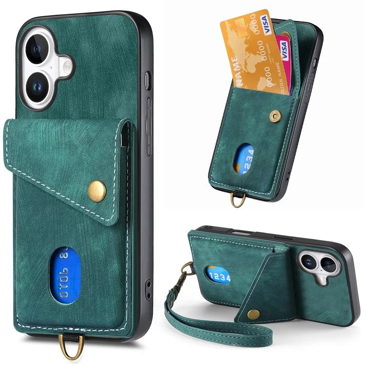 For iPhone 16 Case with Card Slot Kickstand Leather TPU Phone Cover